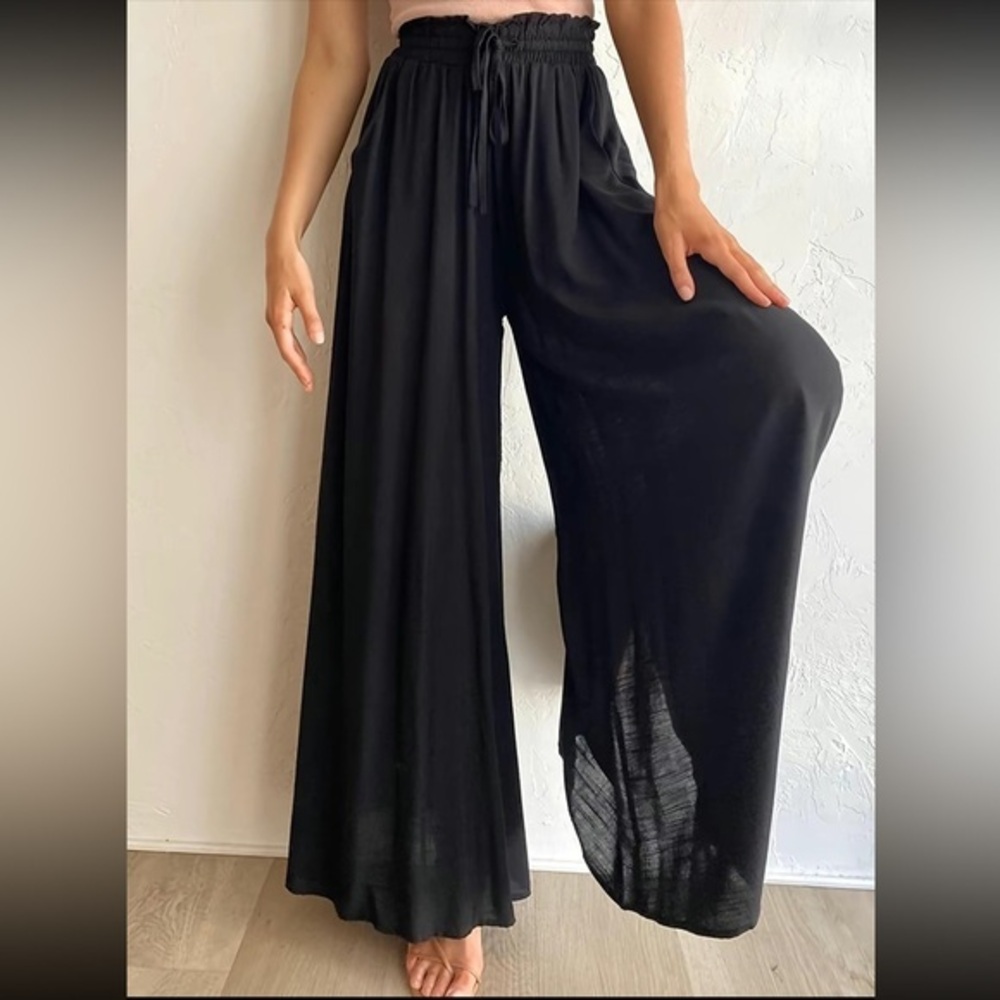 Black sz XL BOHO lightweight super wide leg paper bag cinch tie high waist pants